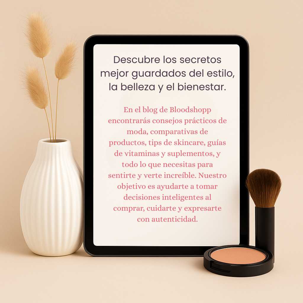 Tablet con texto sobre consejos de moda, belleza y bienestar junto a brocha de maquillaje y florero decorativo