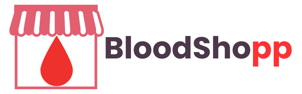 Logo oficial de Bloodshopp con tipografía moderna en tonos negro y rojo, acompañado de un ícono de tienda con una gota roja en el centro.