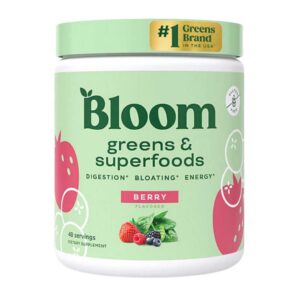 Suplemento Bloom sabor Berry con mezcla de superalimentos y probióticos para digestión y energía.