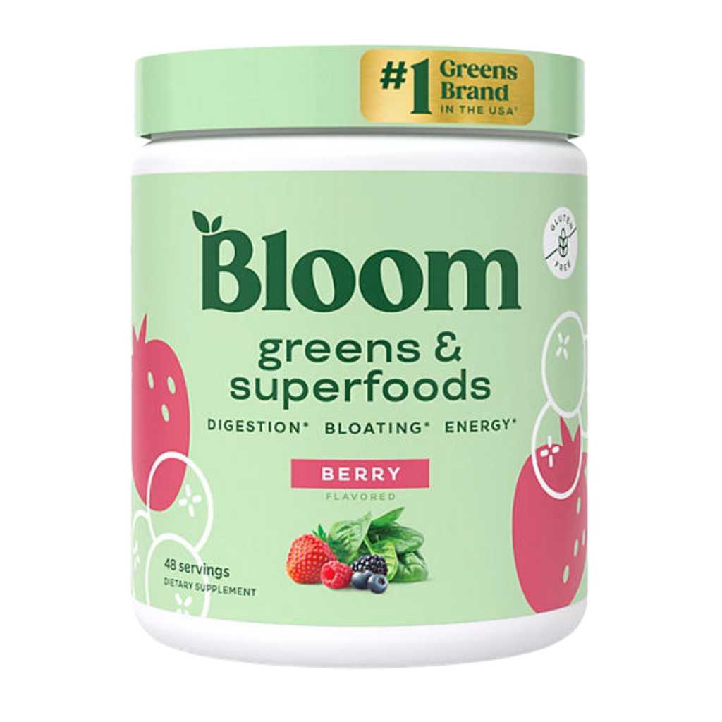 Suplemento Bloom sabor Berry con mezcla de superalimentos y probióticos para digestión y energía.