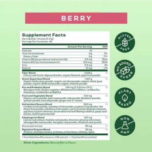 Tabla de ingredientes y valores nutricionales del suplemento Bloom Berry con 48 porciones.