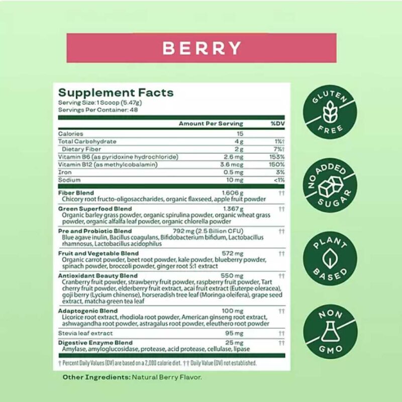 Tabla de ingredientes y valores nutricionales del suplemento Bloom Berry con 48 porciones.