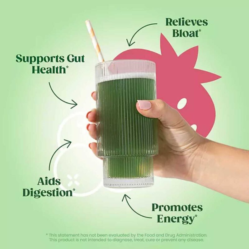 Vaso con bebida verde y leyendas de beneficios digestivos, energía y salud intestinal.