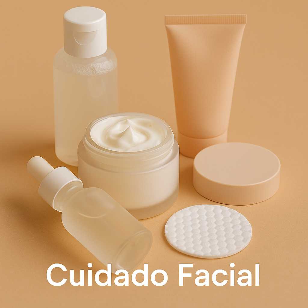 Productos de cuidado facial sobre fondo neutro, incluyendo sérums, cremas y tónicos para limpieza, hidratación y protección de la piel.