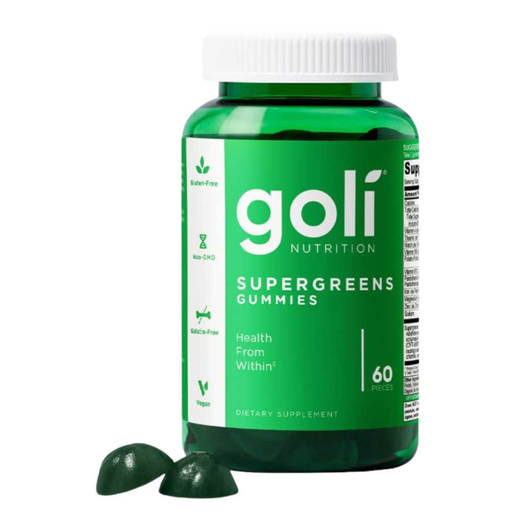 Frasco verde de Goli Supergreens con 60 gomitas, etiquetado como vegano, libre de gluten y sin OGM.