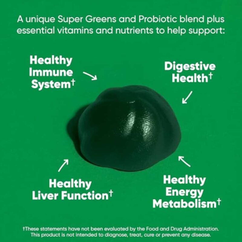Gomita Goli verde oscuro con flechas apuntando a beneficios como sistema inmune, digestión, hígado y metabolismo.