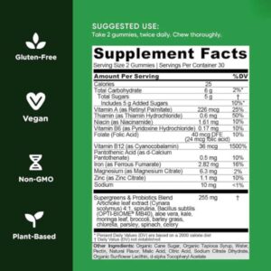 Tabla nutricional de Goli Supergreens con ingredientes y porcentajes de vitaminas y minerales.