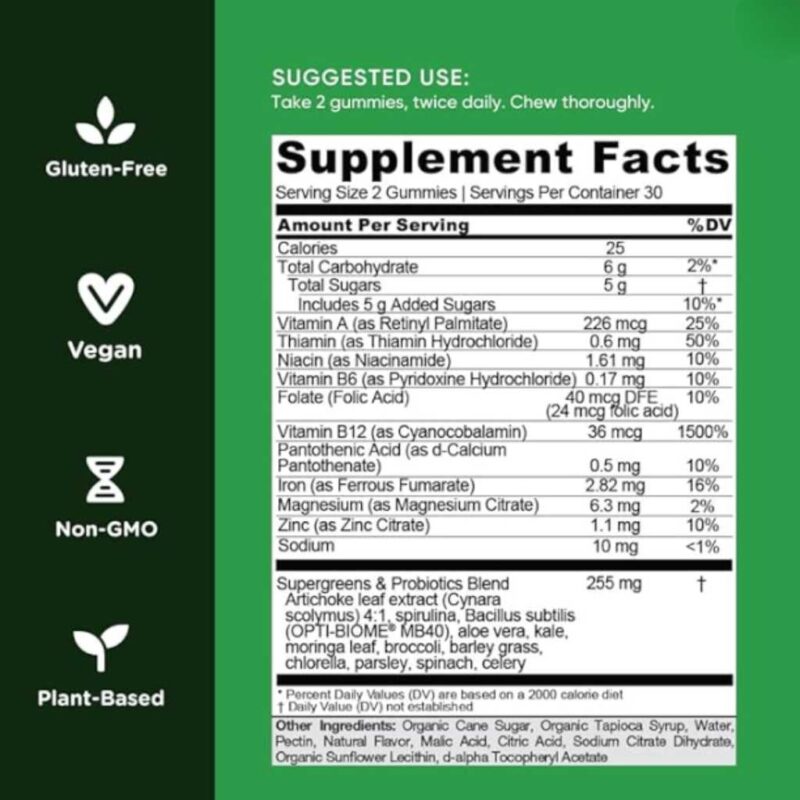 Tabla nutricional de Goli Supergreens con ingredientes y porcentajes de vitaminas y minerales.
