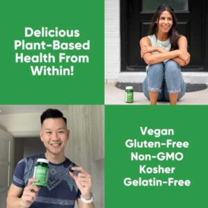 Personas felices mostrando frascos de Goli Supergreens con texto resaltando sus beneficios veganos, kosher y sin gelatina.