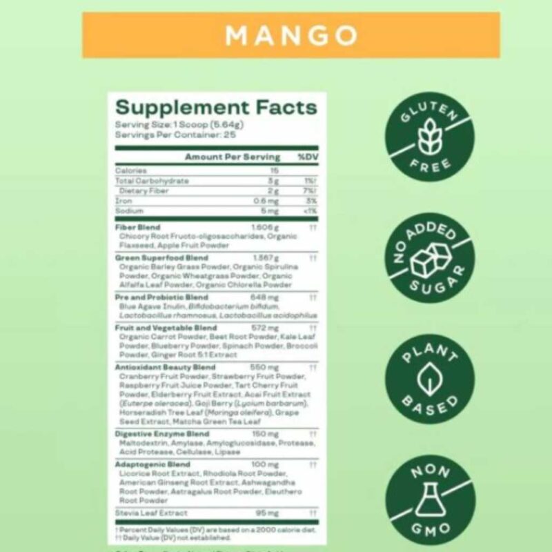 Información nutricional de Bloom Mango con sello sin azúcar, sin gluten y sin OMG