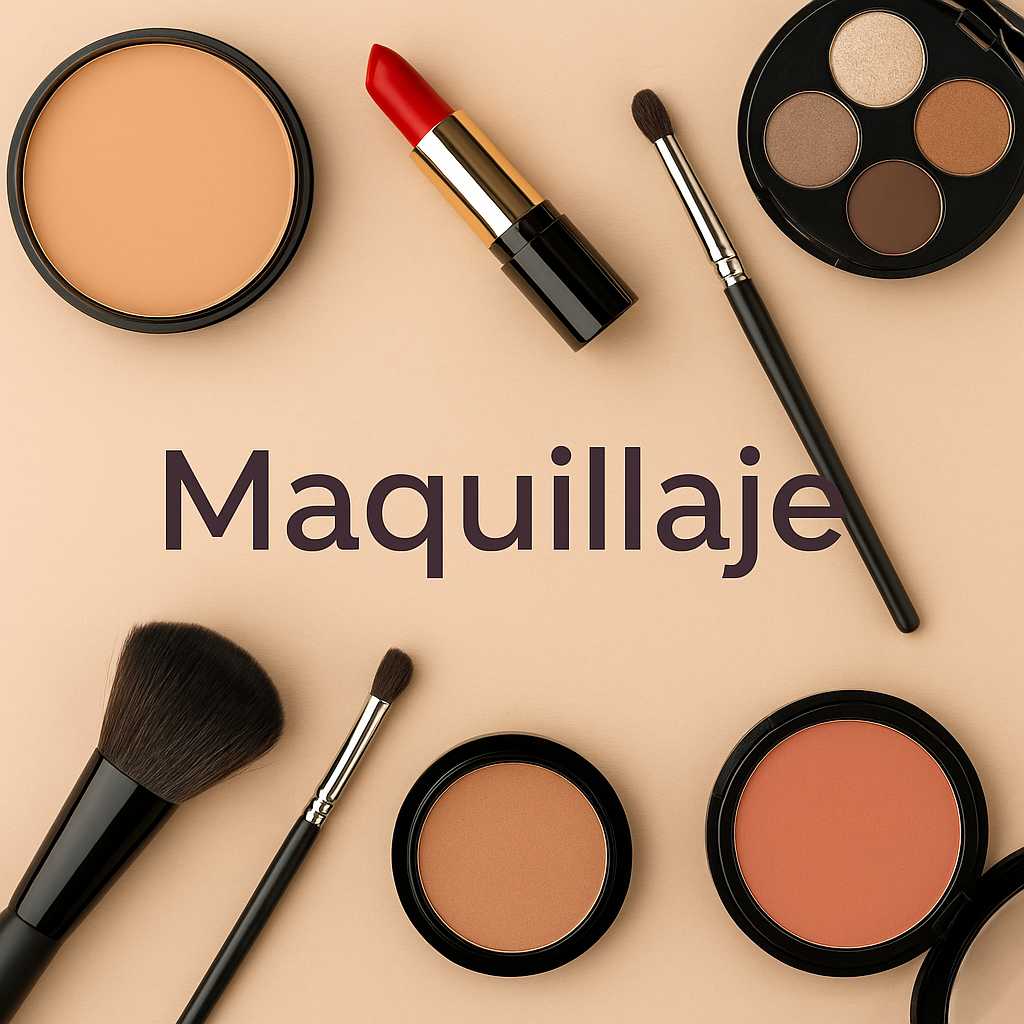 Fotografía digital de una colección de maquillaje con tonos neutros, brochas, bases, sombras y labiales sobre una superficie beige minimalista, representando productos cosméticos para el rostro.