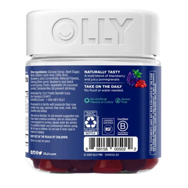 Información de ingredientes y beneficios de Olly Men's Multi en el frasco.