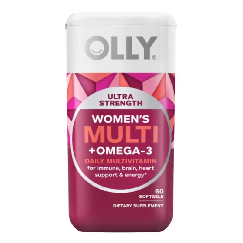 Frasco de OLLY Women's Multi + Omega-3 Ultra Strength con 60 cápsulas blandas, multivitamínico diario para mujeres con soporte inmunológico, cerebral, cardíaco y energético.