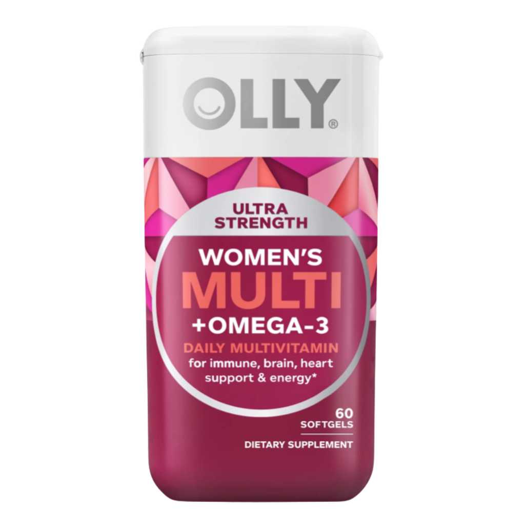 Frasco de OLLY Women's Multi + Omega-3 Ultra Strength con 60 cápsulas blandas, multivitamínico diario para mujeres con soporte inmunológico, cerebral, cardíaco y energético.