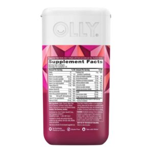 Etiqueta trasera de OLLY Women's Multi + Omega-3 con tabla de contenido nutricional que detalla vitaminas esenciales y minerales como hierro, zinc, selenio y Omega-3.