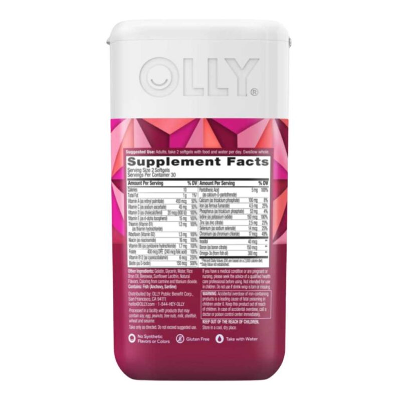 Etiqueta trasera de OLLY Women's Multi + Omega-3 con tabla de contenido nutricional que detalla vitaminas esenciales y minerales como hierro, zinc, selenio y Omega-3.