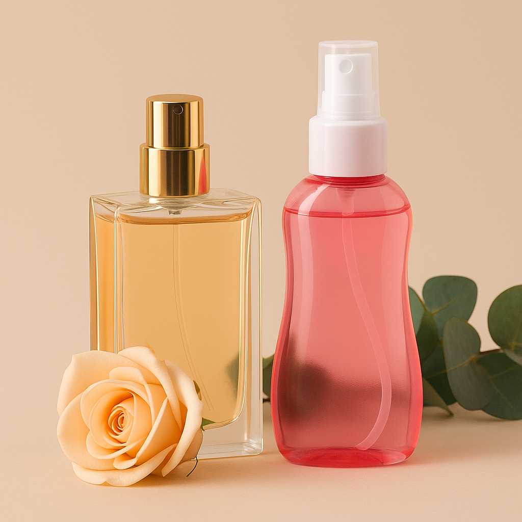 Frascos de perfumes y body splash sobre fondo suave, ideales para representar la categoría de fragancias en una tienda en línea.