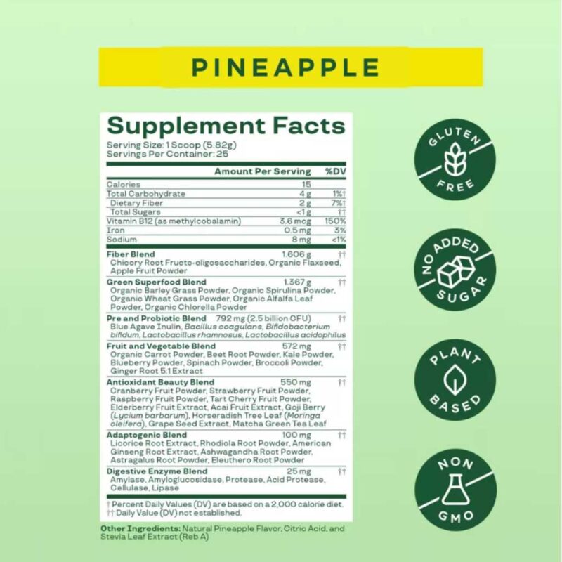 Información nutricional de Bloom Pineapple con probióticos, enzimas y superfoods