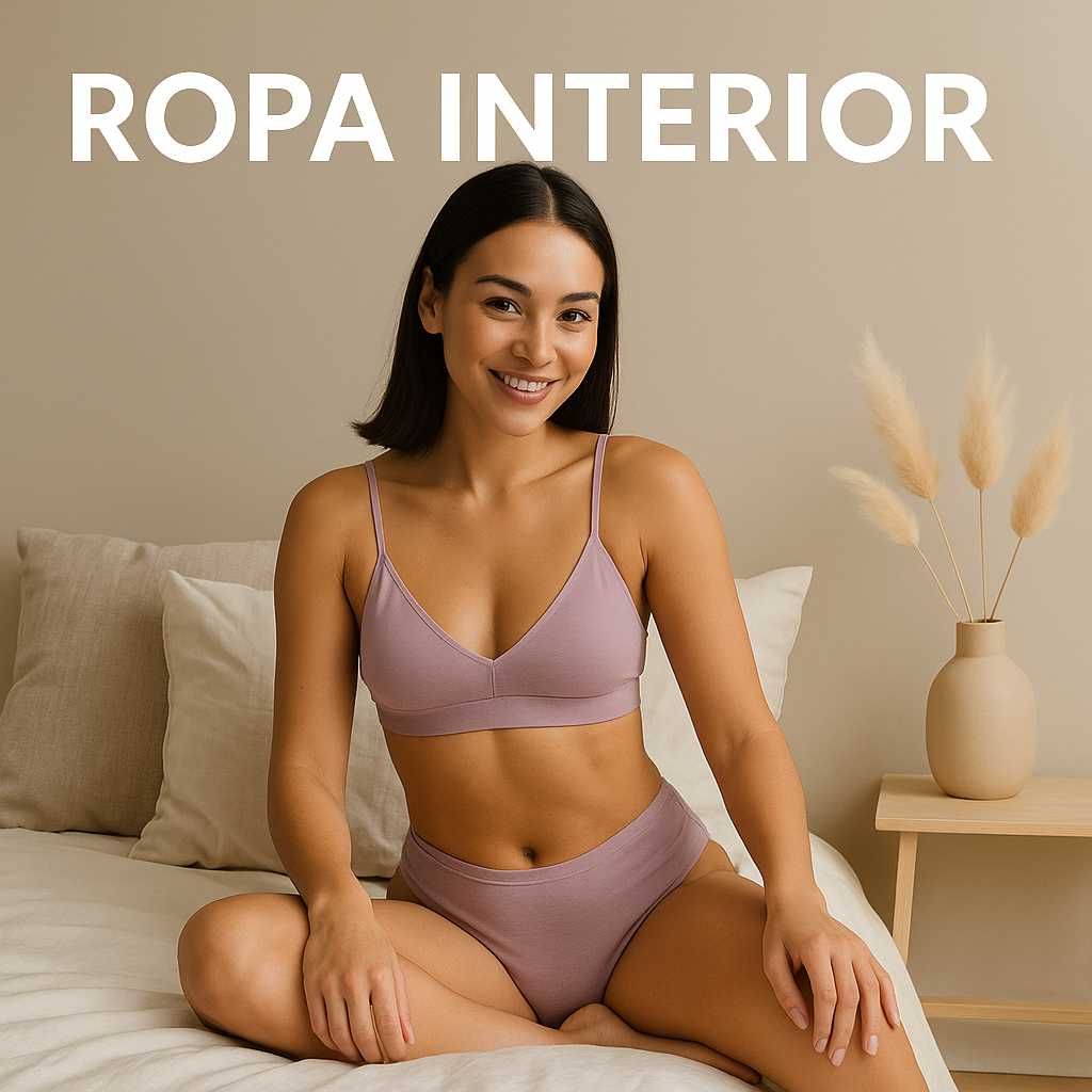 Joven mujer con conjunto de ropa interior femenina en tonos neutros, mostrando comodidad y estilo moderno en un ambiente relajado.