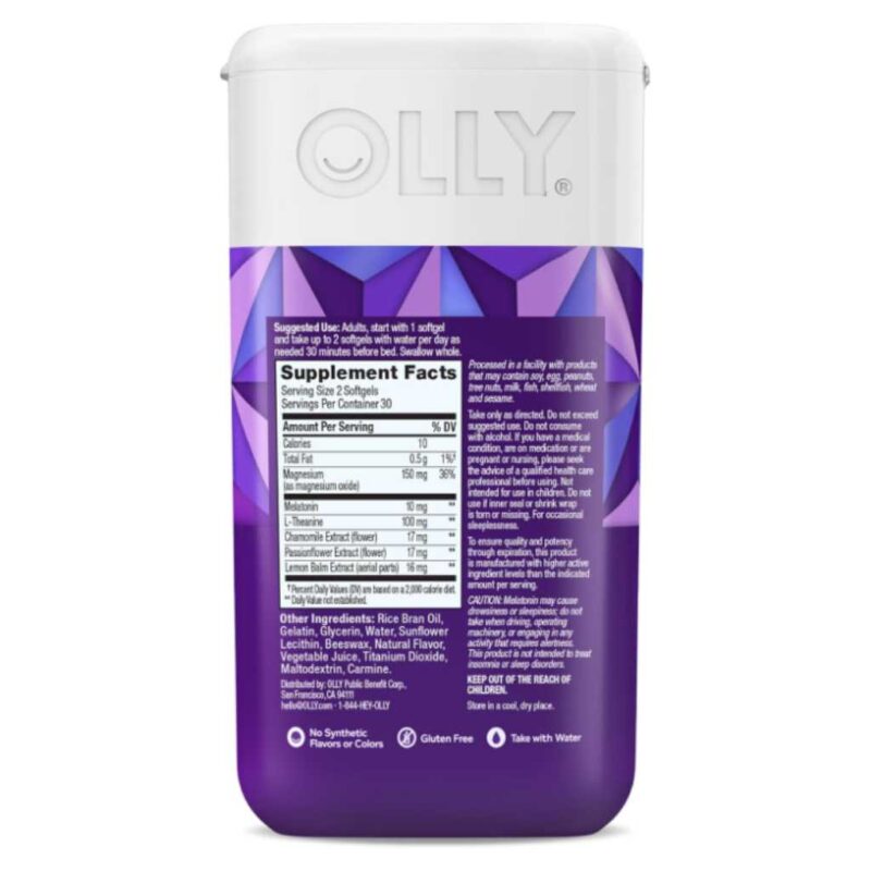 Parte posterior del frasco OLLY Sleep con información de uso y advertencias