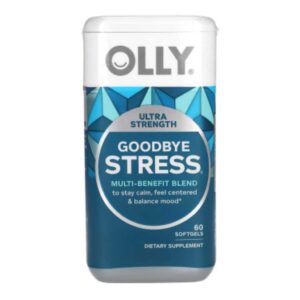 Frasco de OLLY Goodbye Stress Ultra Strength con cápsulas blandas antiestrés