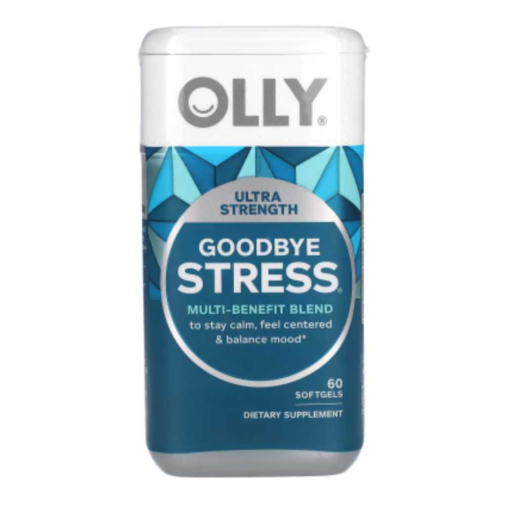 Frasco de OLLY Goodbye Stress Ultra Strength con cápsulas blandas antiestrés