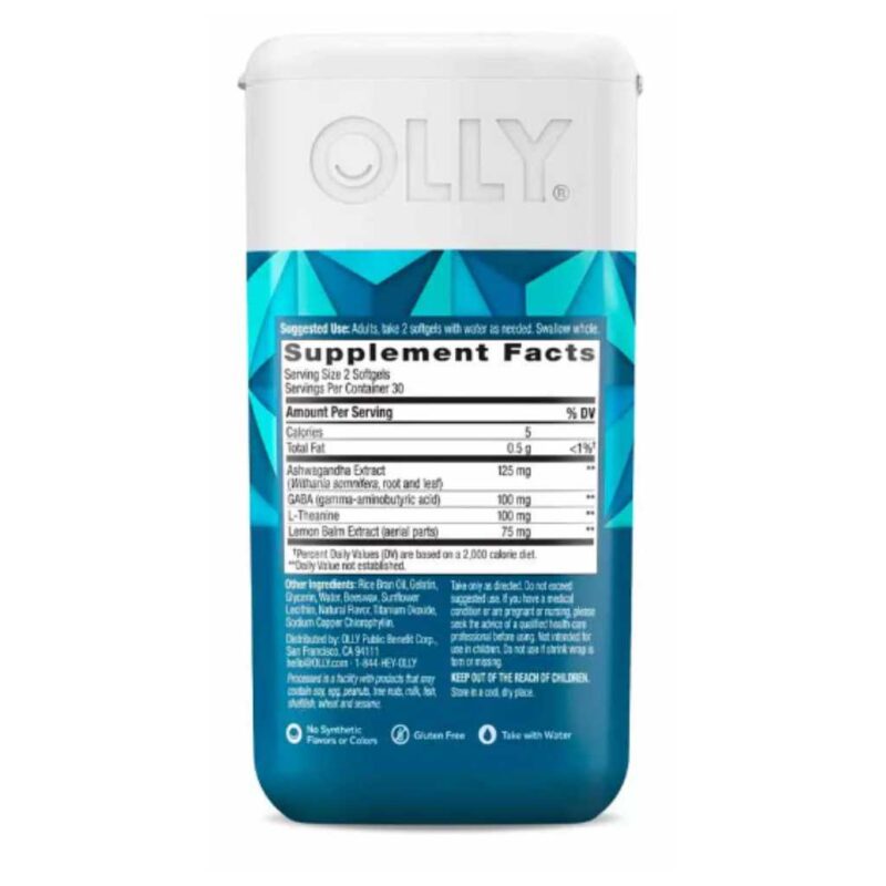 Tabla nutricional del suplemento OLLY Goodbye Stress con ingredientes activo