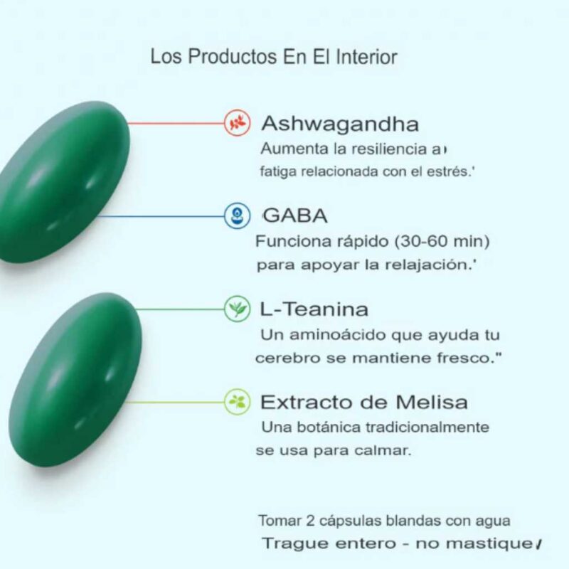 Cápsulas verdes de OLLY Stress con beneficios explicados de sus ingredientes
