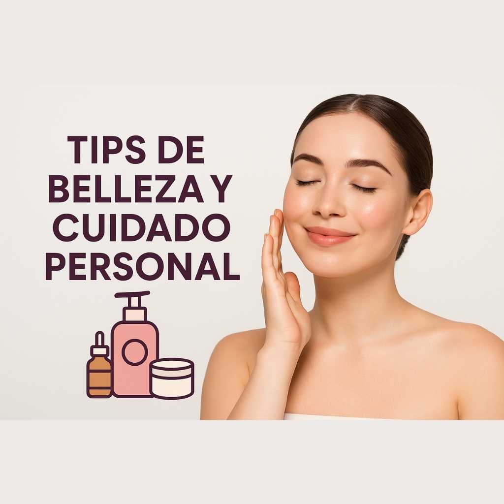 Mujer joven con piel radiante aplicando cuidado facial, junto a texto 'Tips de belleza y cuidado personal'