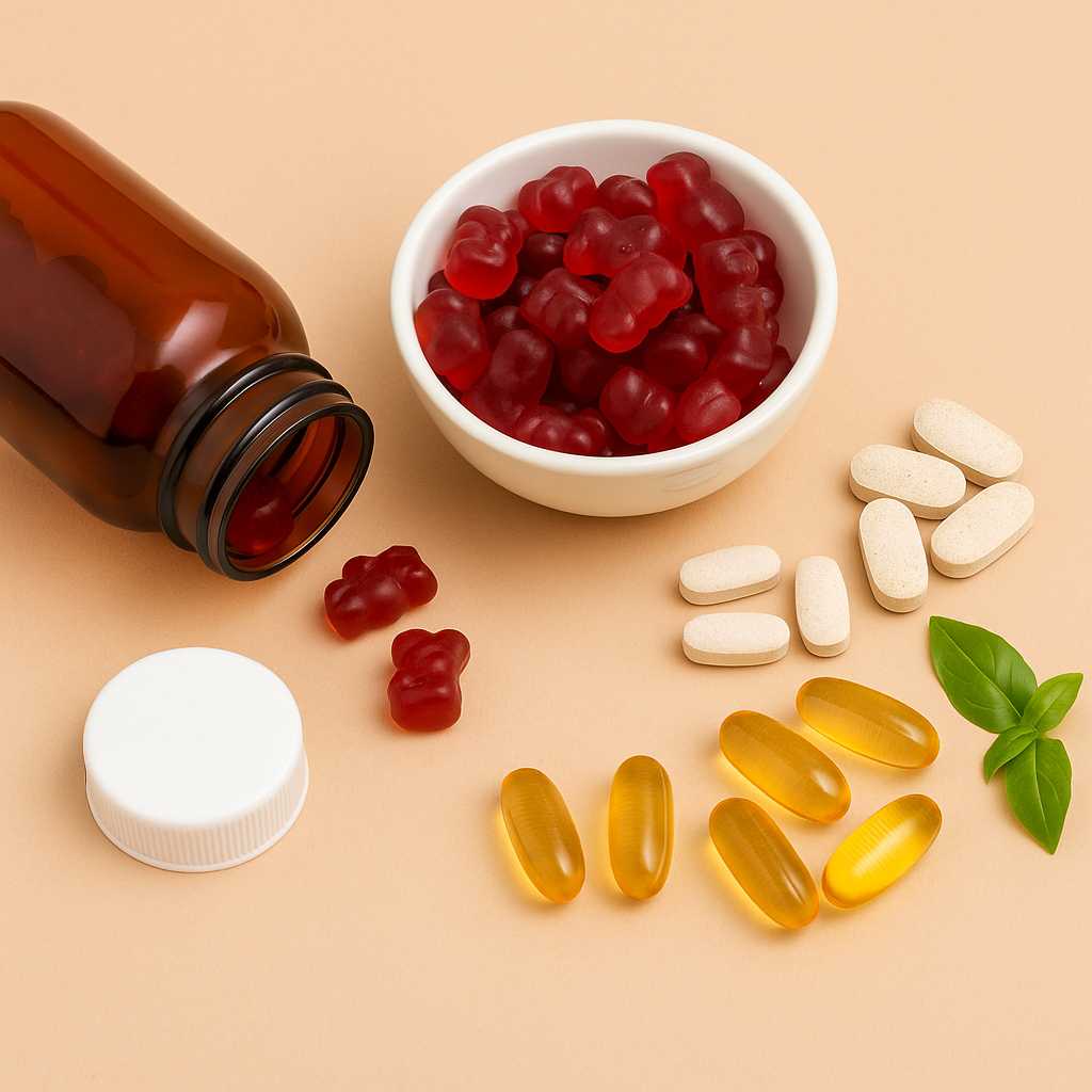 Fotografía de suplementos y vitaminas organizados en frascos sobre una mesa de madera clara, con fondo neutro, representando productos de salud y bienestar disponibles en Bloodshopp.