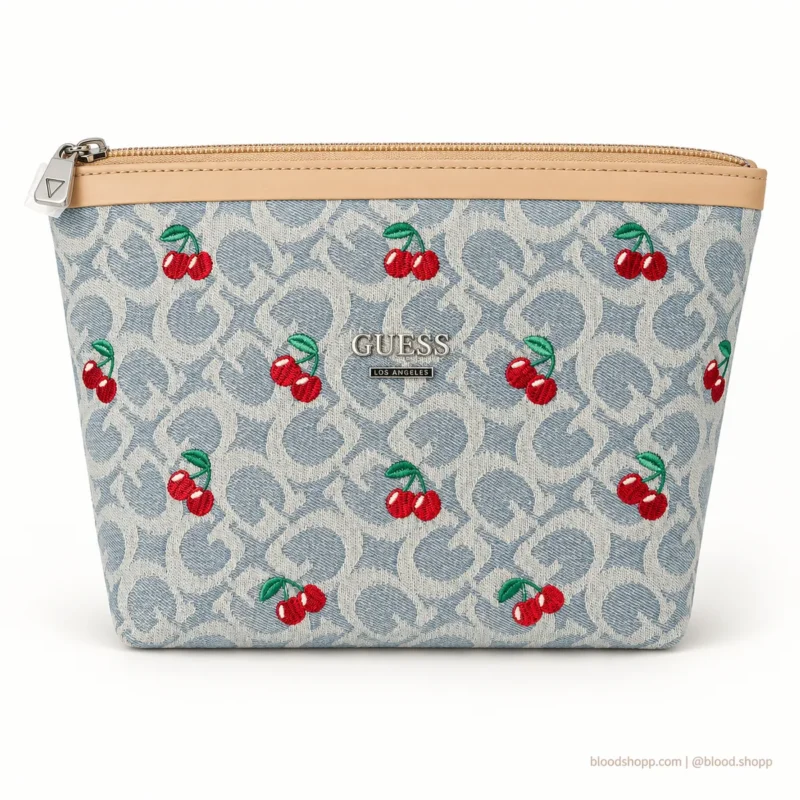 Cosmetiquera GUESS Monograma Denim con Cerezas Bordadas
