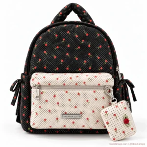 Mochila Mini Madden Girl Negra/Crema con Rosas y Carterita Desmontable