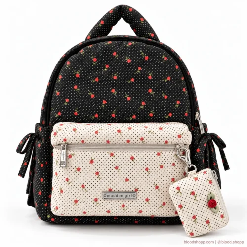 Mochila Mini Madden Girl Negra/Crema con Rosas y Carterita Desmontable