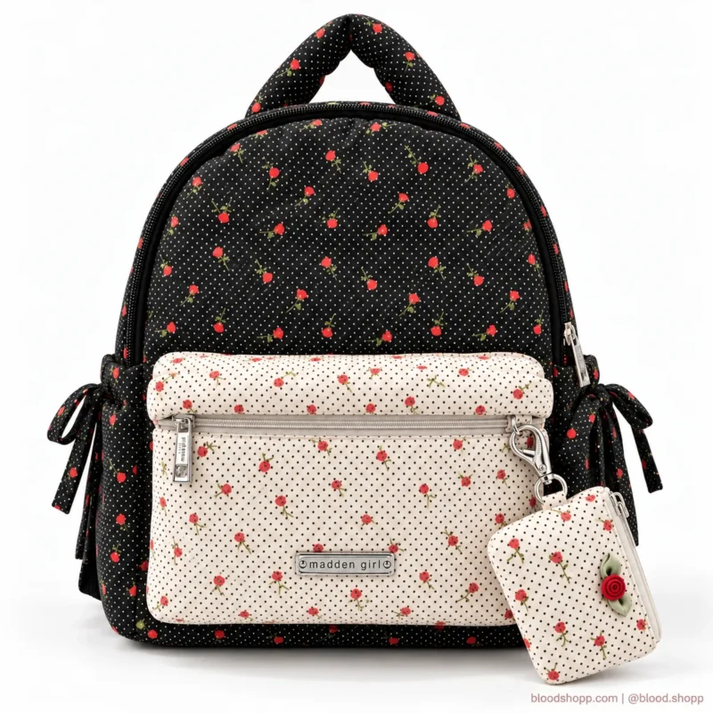 Mochila Mini Madden Girl Negra/Crema con Rosas y Carterita Desmontable
