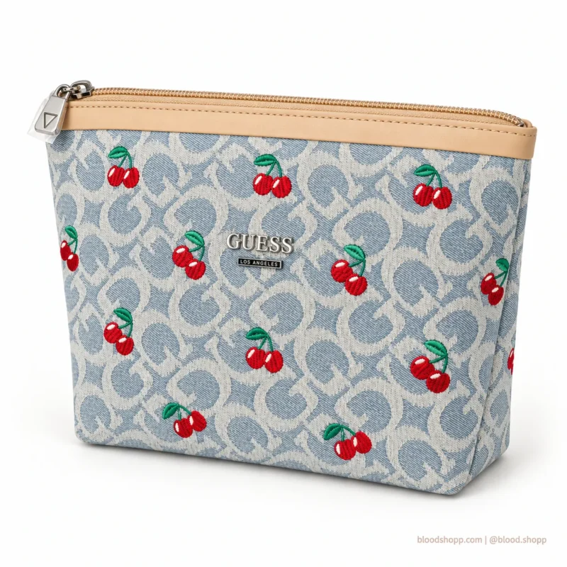 Cosmetiquera GUESS Monograma Denim con Cerezas Bordadas