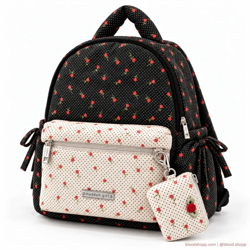 Mochila Mini Madden Girl Negra/Crema con Rosas y Carterita Desmontable