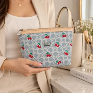 Cosmetiquera GUESS Monograma Denim con Cerezas Bordadas