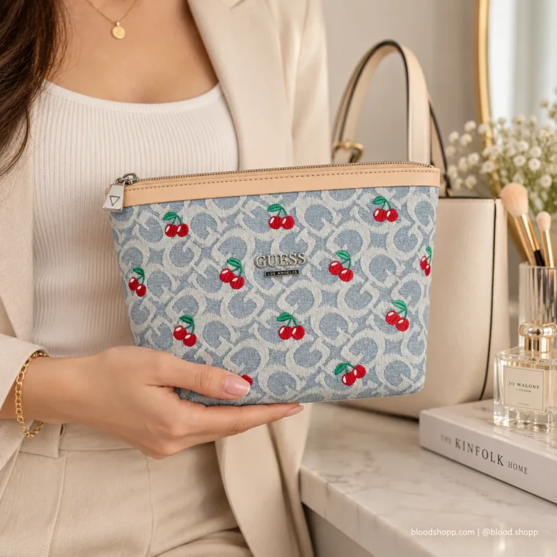 Cosmetiquera GUESS Monograma Denim con Cerezas Bordadas