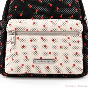 Mochila Mini Madden Girl Negra/Crema con Rosas y Carterita Desmontable