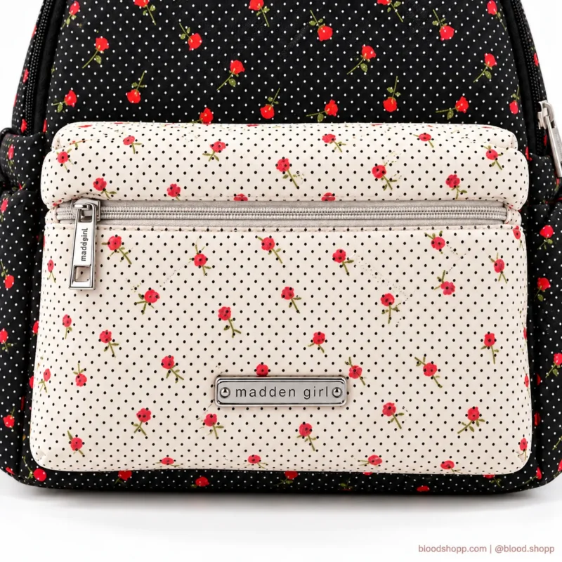 Mochila Mini Madden Girl Negra/Crema con Rosas y Carterita Desmontable
