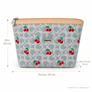 Cosmetiquera GUESS Monograma Denim con Cerezas Bordadas