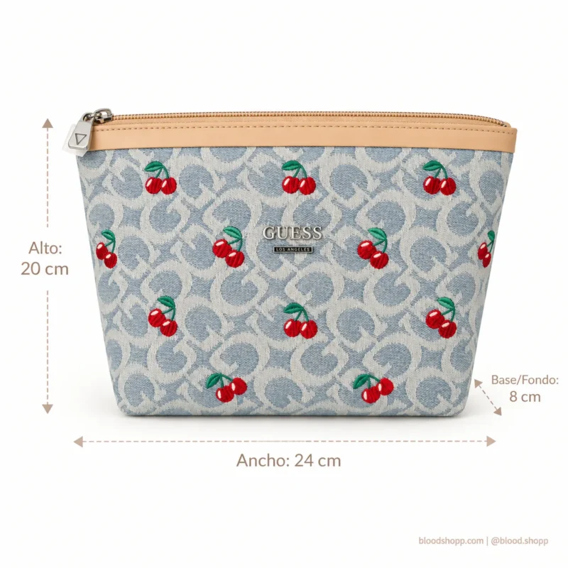 Cosmetiquera GUESS Monograma Denim con Cerezas Bordadas