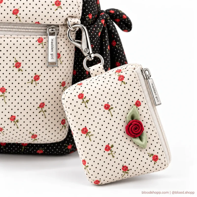 Mochila Mini Madden Girl Negra/Crema con Rosas y Carterita Desmontable