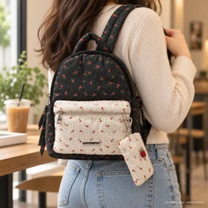 Mochila Mini Madden Girl Negra/Crema con Rosas y Carterita Desmontable