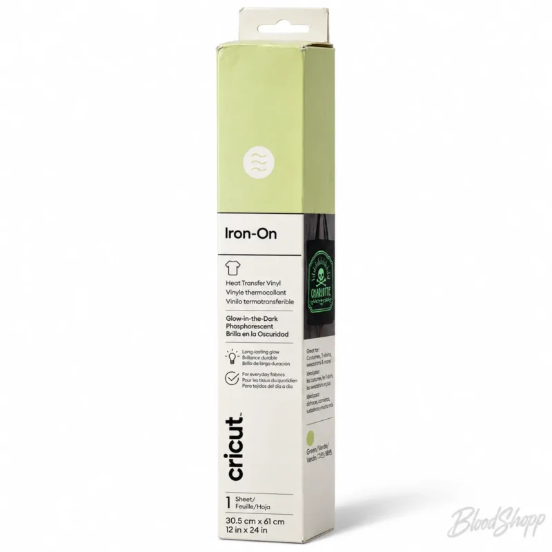 Caja de vinil textil Cricut Iron-On Glow-in-the-Dark verde de 30.5 × 61 cm, vista frontal