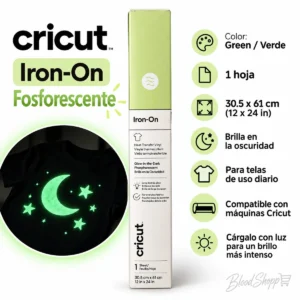 Infografía del vinil textil Cricut verde fosforescente con medidas y ejemplo de diseño luminoso