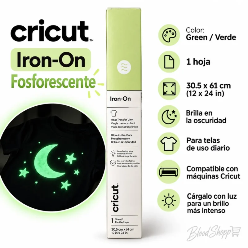 Infografía del vinil textil Cricut verde fosforescente con medidas y ejemplo de diseño luminoso