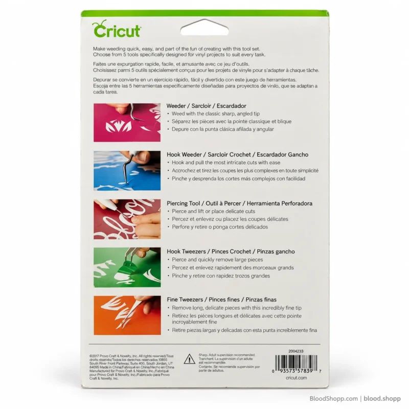 Parte trasera del Cricut Weeding Tool Set con la explicación de las cinco herramientas incluidas