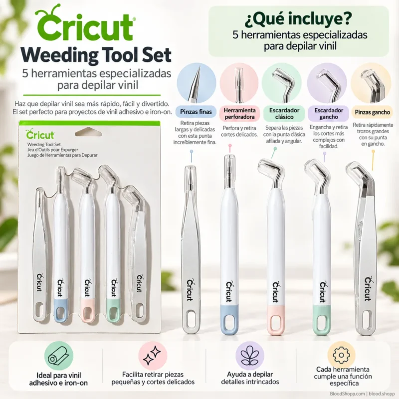 Cinco herramientas Cricut para depilar vinil con sus nombres, diferentes puntas y funciones específicas