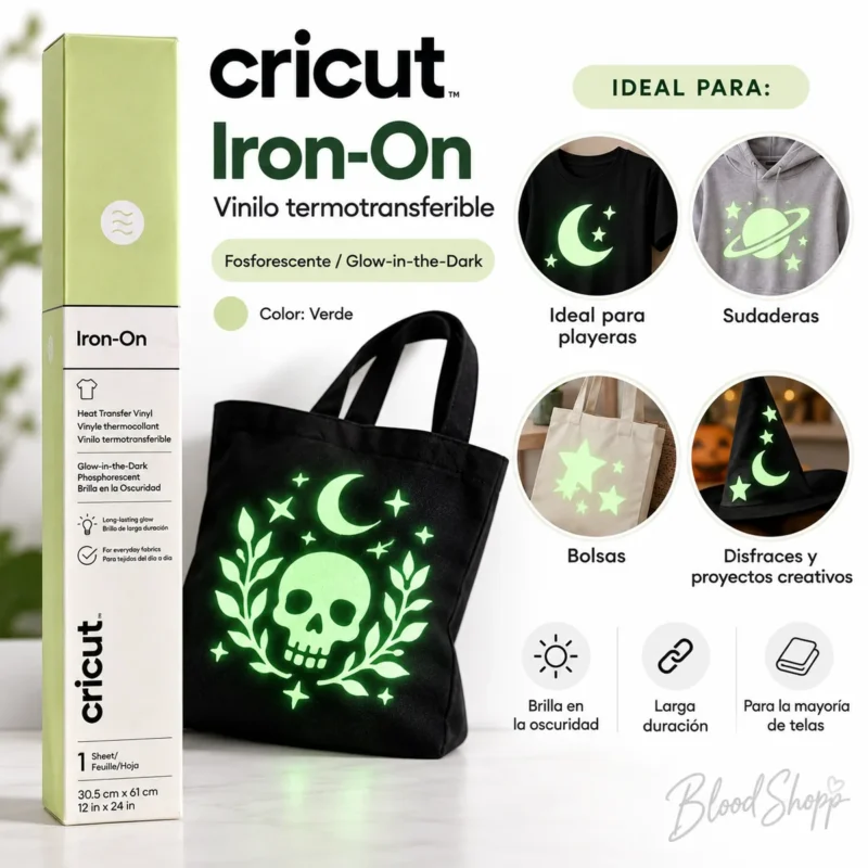 Ejemplos de estampados fosforescentes verdes Cricut en playera, sudadera, bolsa de tela y disfraz